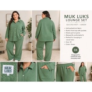Muk Luks Womens 3X Green Quilted Knit Lounge Set Pants Top Plus Comfy Athleisure